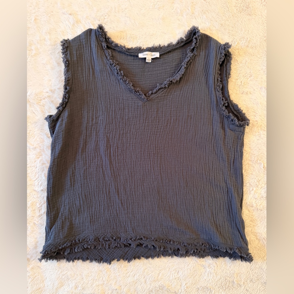 Sewn + Seen Charcoal Gray Double Gauze Cotton Frayed Tank Top Large